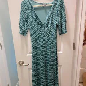 BANANA REPUBLIC GREEN-BLUE V-NECK MIDI DRESS SIZE S SMALL RETRO-VINTAGE-LOOK